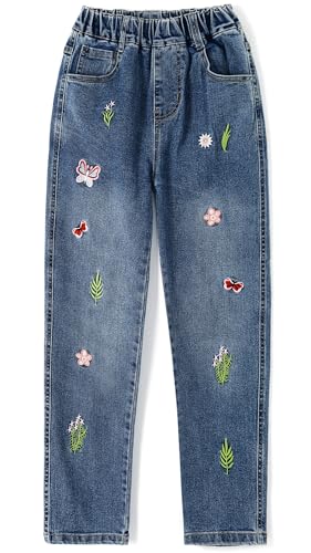 KIDSCOOL SPACE Kleine große Mädchen Stickerei Schmetterlingsgras Slim Jeanshose,Roter Schmetterling,5-6 Jahre von KIDSCOOL SPACE