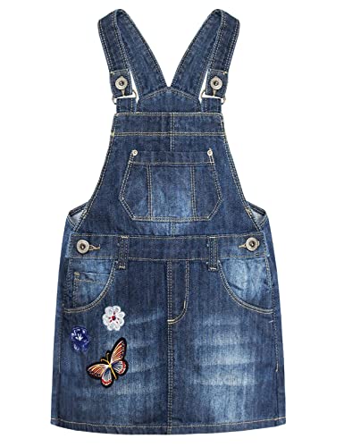 KIDSCOOL SPACE Kleines Mädchen Große Latztasche Blumen-Schmetterlings-gesticktes Jeans-Overallkleid,Blau,13-14 Jahre von KIDSCOOL SPACE