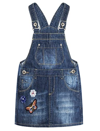 KIDSCOOL SPACE Kleines Mädchen Große Latztasche Blumen-Schmetterlings-gesticktes Jeans-Overallkleid,Blau,2-3 Jahre von KIDSCOOL SPACE