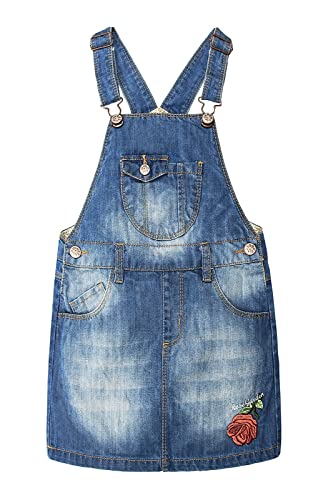 KIDSCOOL SPACE Kleines Mädchen Große Latztasche Rose Besticktes Jeans-Overallkleid,Blau,7-8 Jahre von KIDSCOOL SPACE