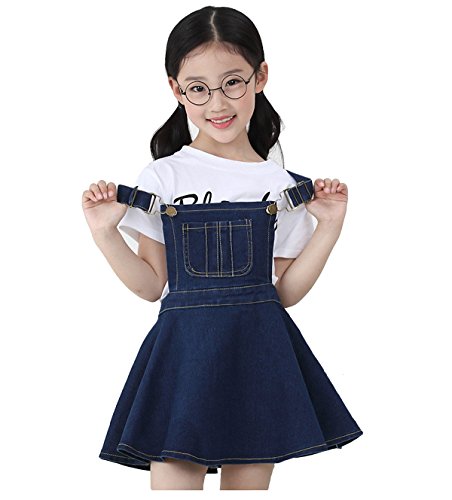 KIDSCOOL SPACE Kleines Mädchen Jeans Overall Tutu Kleid,Verstellbare Denim Latzhose,Blau,4-5 Jahre von KIDSCOOL SPACE