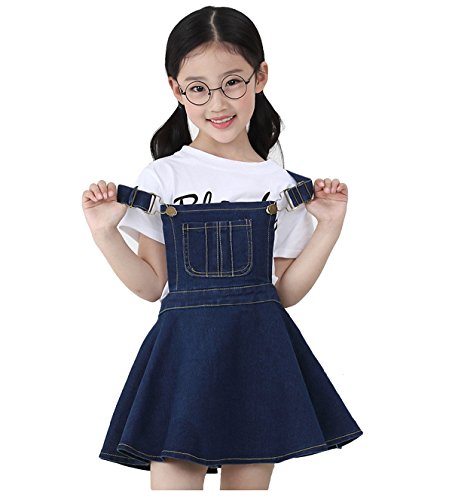 KIDSCOOL SPACE Kleines Mädchen Jeans Overall Tutu Kleid,Verstellbare Denim Latzhose,Blau,8-9 Jahre von KIDSCOOL SPACE