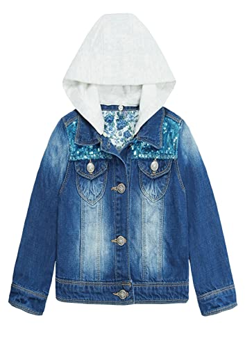 KIDSCOOL SPACE Kleines Mädchen Jeansjacke mit Kapuze, Stickerei-Denim-Mantel-Outfit， Blau, 13-14 Jahre von KIDSCOOL SPACE