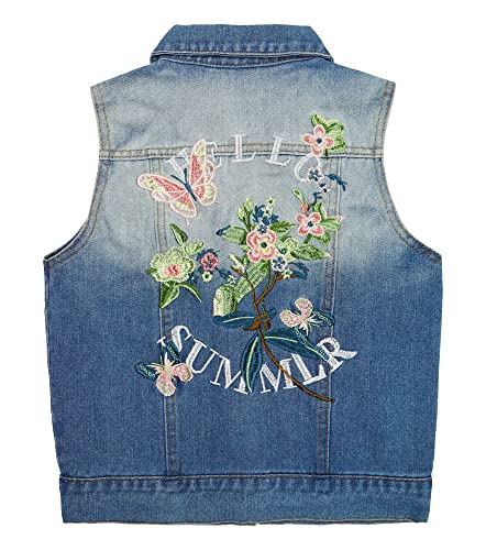 KIDSCOOL SPACE Kleines Mädchen Jeansweste,Junior Ripped Love Letters Patchwork Pailletten Denim Weste Tops,Blau,9-10 Jahre von KIDSCOOL SPACE