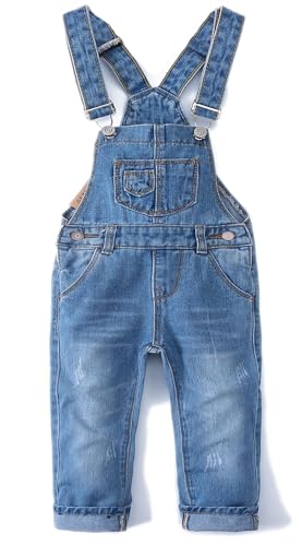 KIDSCOOL SPACE Kleines Mädchen Jungen Jeans Overall,Kleinkind Zerrissene Denim Süße Schmale Arbeitskleidung,Hellblau,12-18 Monate von KIDSCOOL SPACE