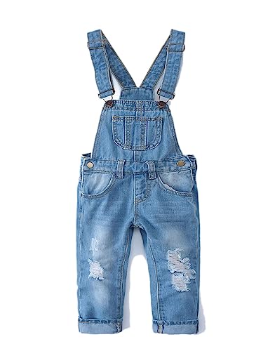 KIDSCOOL SPACE Kleines Mädchen Jungen Jeans Overall,Kleinkind Zerrissene Denim Süße Schmale Arbeitskleidung,Hellblau,18-24 Monate von KIDSCOOL SPACE