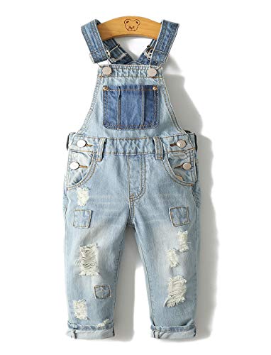 KIDSCOOL SPACE Kleines Mädchen Jungen Jeans Overall,Kleinkind Zerrissene Denim Süße Schmale Arbeitskleidung,Hellblau,18-24 Monate von KIDSCOOL SPACE