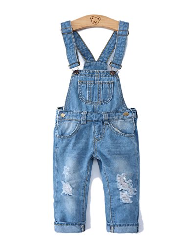 KIDSCOOL SPACE Kleines Mädchen Jungen Jeans Overall,Kleinkind Zerrissene Denim Süße Schmale Arbeitskleidung,Hellblau,2-3 Jahre von KIDSCOOL SPACE