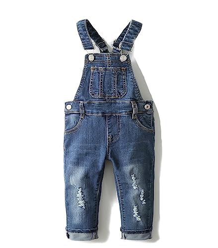 KIDSCOOL SPACE Kleines Mädchen Jungen Jeans Overall,Kleinkind Zerrissene Denim Süße Schmale Arbeitskleidung,Tiefes Blau,18-24 Monate von KIDSCOOL SPACE