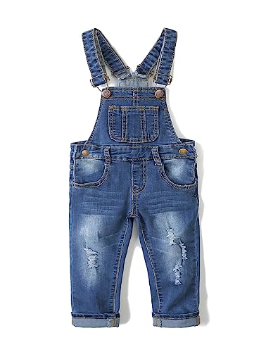 KIDSCOOL SPACE Kleines Mädchen Jungen Jeans Overall,Kleinkind Zerrissene Denim Süße Schmale Arbeitskleidung,Tiefes Blau,3-4 Jahre von KIDSCOOL SPACE