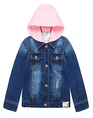 KIDSCOOL SPACE Kleines Mädchen Rosa Jeansjacke mit abnehmbarer Kapuze,Blaue Jeansjacke mit zerrissener Blumenstickerei,Blau,13-14 Jahre von KIDSCOOL SPACE