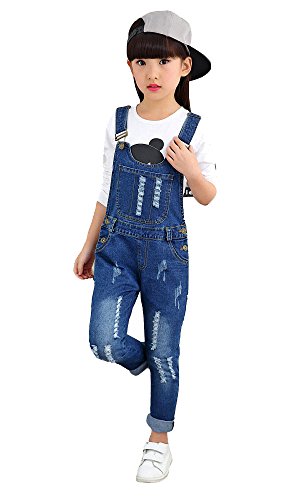 KIDSCOOL SPACE Mädchen Classic Big Bib Ripped Holes Jeans Latzhose,Blau,4-5 Jahre von KIDSCOOL SPACE