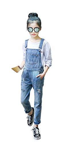 KIDSCOOL SPACE Mädchen-Denim-Latzhose,Little Big Kid Zerrissene Jeans-Arbeitskleidung,Hellblau,10-11 Jahre von KIDSCOOL SPACE