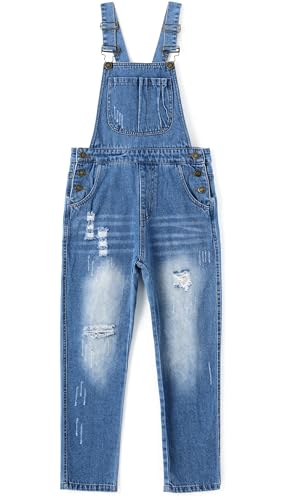 KIDSCOOL SPACE Mädchen-Denim-Latzhose,Little Big Kid Zerrissene Jeans-Arbeitskleidung,Hellblau,10-11 Jahre von KIDSCOOL SPACE