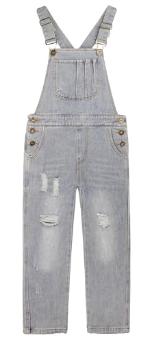 KIDSCOOL SPACE Mädchen-Denim-Latzhose,Little Big Kid Zerrissene Jeans-Arbeitskleidung,Hellgrau,8-9 Jahre von KIDSCOOL SPACE