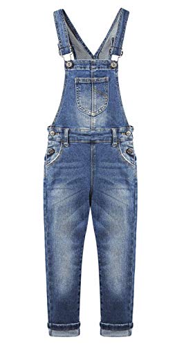 KIDSCOOL SPACE Mädchen Denim Overlls,Little Big Kid Washed Slim Jeans Arbeitskleidung,Tiefblau,13-14 Jahre von KIDSCOOL SPACE