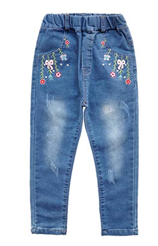 KIDSCOOL SPACE Mädchen-Jeans mit Blumenstickerei und verwaschener, elastischer Taille, Blumen und Schleife,6-7 Jahre von KIDSCOOL SPACE
