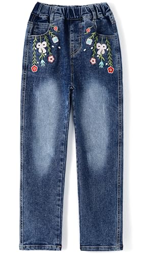 KIDSCOOL SPACE Mädchen-Jeans mit Blumenstickerei und verwaschener, elastischer Taille, Blumen und Schleife,8-9 Jahre von KIDSCOOL SPACE