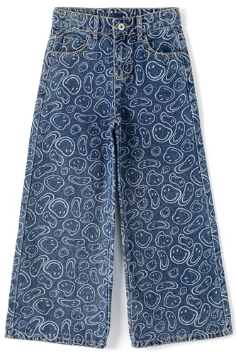 KIDSCOOL SPACE Mädchen-Jeanshose mit weitem Bein und Smiley-Print, 5–14 Jahre, Jeans mit elastischem Bund und Lockerem Bein, Hellblau, 9–10 Jahre von KIDSCOOL SPACE