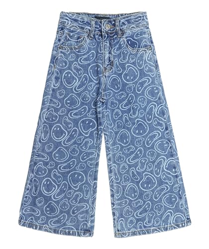 KIDSCOOL SPACE Mädchen-Jeanshose mit weitem Bein und Smiley-Print Hose, 5–14T Jeans mit elastischem Bund und weitem Bein, Hellblau, 11–12 Jahre von KIDSCOOL SPACE