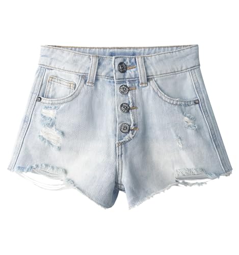 KIDSCOOL SPACE Mädchen Jeansshorts Mit Elastischem Bund, Used-Look, Hoher Schnitt Und Offenem Saum, Sommer-Shorts Aus Jeansstoff, Hellblau, 13-14J von KIDSCOOL SPACE