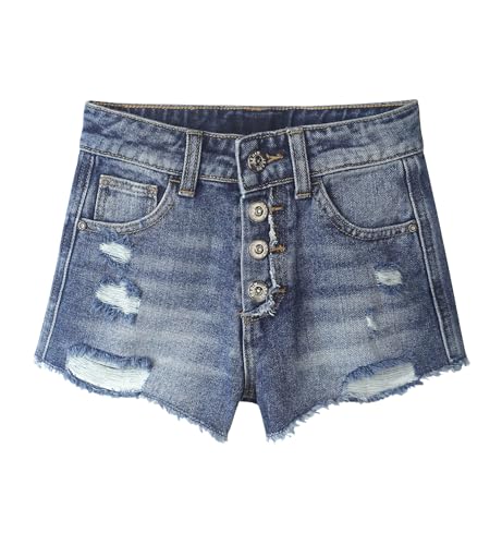 KIDSCOOL SPACE Mädchen Jeansshorts Mit Elastischem Bund, Used-Look, Hoher Schnitt Und Offenem Saum, Sommer-Shorts Aus Jeansstoff, Mittelblau, 5-6J von KIDSCOOL SPACE