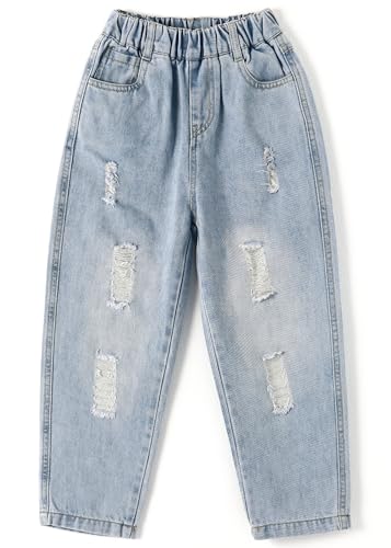KIDSCOOL SPACE Mädchen Jungen Jeans,Zerrissene LässigeDenim Hosen Mit Elastischer Taille Für Kinder,Hellblau,13-14 Jahre von KIDSCOOL SPACE