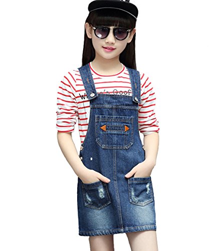 KIDSCOOL SPACE Mädchen Latztasche Verstellbare Träger Lässiges Jeans-Overallkleid,Blau,8-9 Jahre von KIDSCOOL SPACE