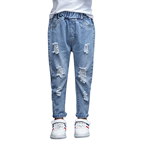 KIDSCOOL SPACE Mädchen Ripped Holes Damaged Fashion Jeans,Blau,7-8 Jahre von KIDSCOOL SPACE