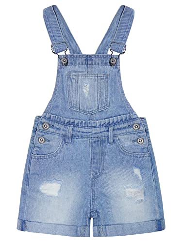 KIDSCOOL SPACE Niedliche Jeans-Shorts für große Mädchen, zerrissener, gefalteter Saum, verstellbare Träger, Sommer-Denim-Shortalls, hellblau, 7–8 Jahre von KIDSCOOL SPACE