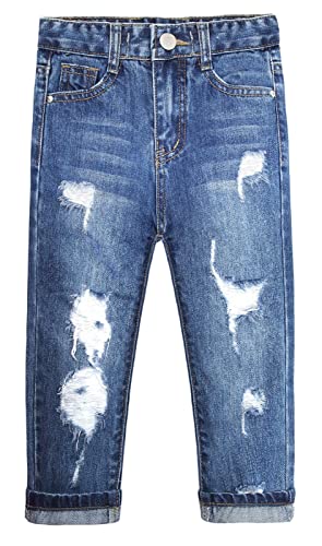 KIDSCOOL SPACE Slim-Jeans für Kleines Mädchen,Stone Washed Ripped Hole Soft Denim-Hose,Blau,7-8 Jahre von KIDSCOOL SPACE