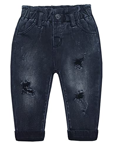 KIDSCOOL SPACE Zerrissene Denim-Jeanshose mit Rüschen und elastischer Taille für kleine Mädchen, Schwarz, 2–3 Jahre von KIDSCOOL SPACE