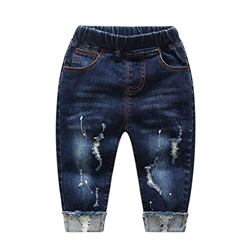 KIDSCOOL SPACE Baby Mädchen Jungen Jeans,Kleines Kind Elastische Taille Zerrissene Jeanshose,Blau,12-18 Monate von KIDSCOOL SPACE