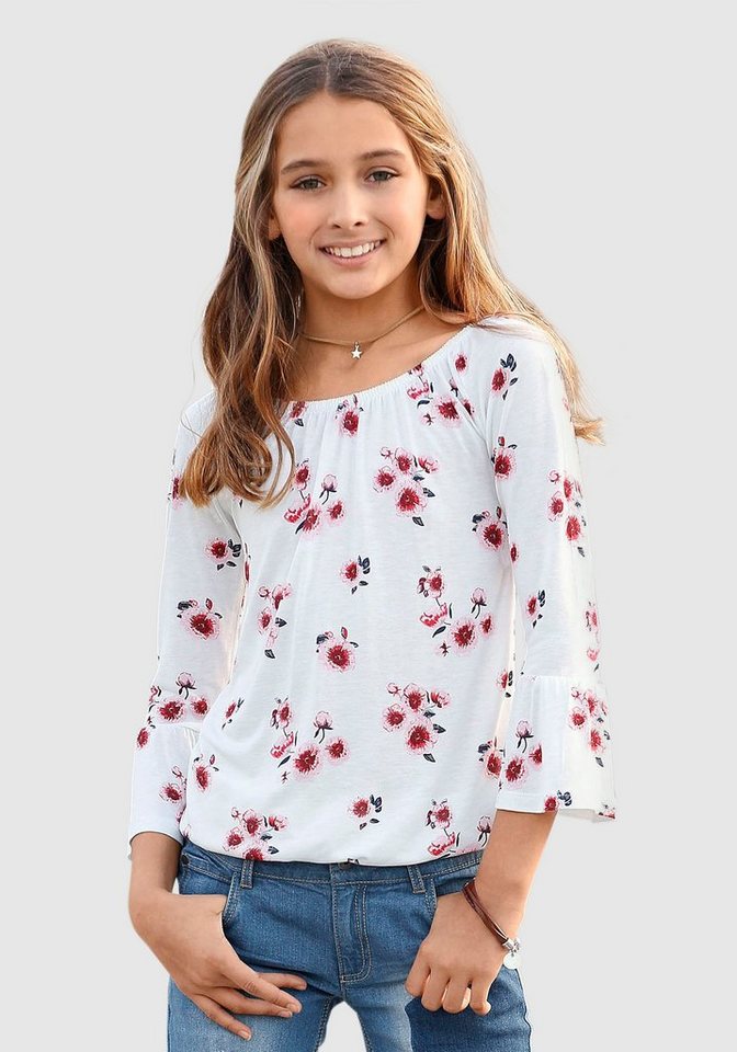 KIDSWORLD Carmenshirt Viskose-Shirt mit Trompetenärmel und Blumendruck von KIDSWORLD