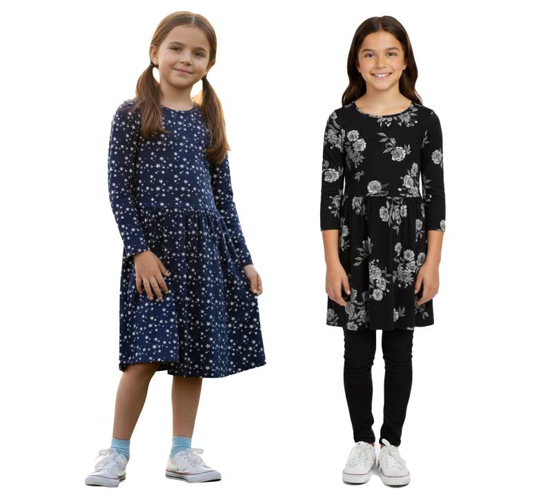 KIDSWORLD Kinder Sommer-Kleid für Mädchen Baumwoll-Kleid mit Allover-Blumen und Sternen-Print Sommer-Kleid Schwarz oder Dunkelblau von KIDSWORLD