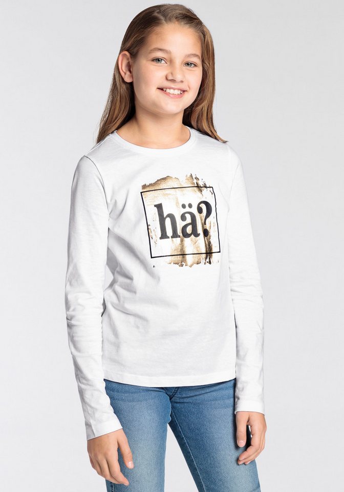 KIDSWORLD Langarmshirt Sprücheshirt, goldfarbiger Foliendruck: HÄ? von KIDSWORLD