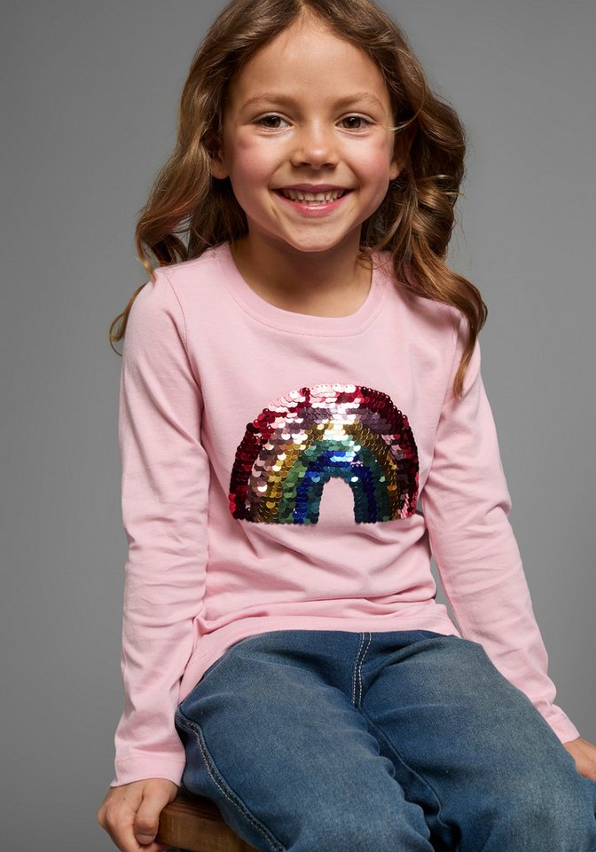 KIDSWORLD Langarmshirt Regenbogen Pailletten-Applikation Langarm, Basic-Passform, mit schimmernden Pailletten-Applikationen von KIDSWORLD