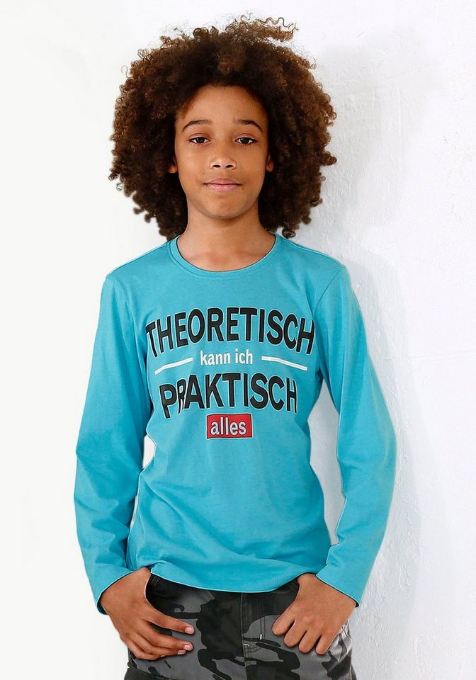 KIDSWORLD Langarmshirt THEORETISCH KANN ICH PRAKTISCH ALLES Langarm, Basic-Passform, mit stylischem Druck, aus Baumwolle KIDSWORLD Langarmshirt THEORETISCH KANN ICH PRAKTISCH ALLES Langarm, Basic-Passform, mit stylischem Druck, aus Baumwolle von KIDSWORLD