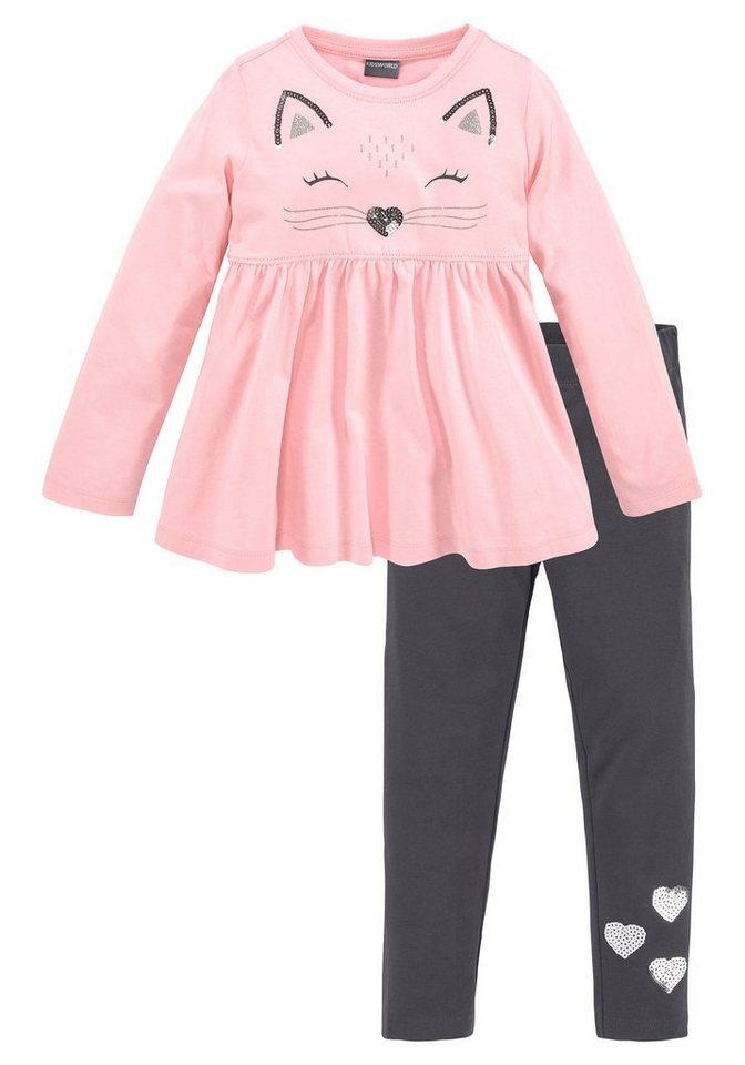 KIDSWORLD Langarmshirt & Leggings 2tlg. Set Shirt + Leggings mit schöner Paillettenapplikation (Set, 2-tlg., 2) Süßes Outfit für kleine Mädchen von KIDSWORLD