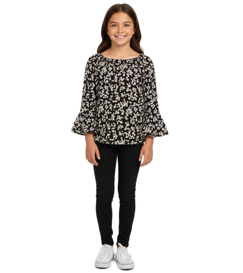 KIDSWORLD Mädchen Sommer-Shirt mit Trompetenärmeln und Allover Blumen-Print Rundhals-Shirt 94928611 Schwarz von KIDSWORLD