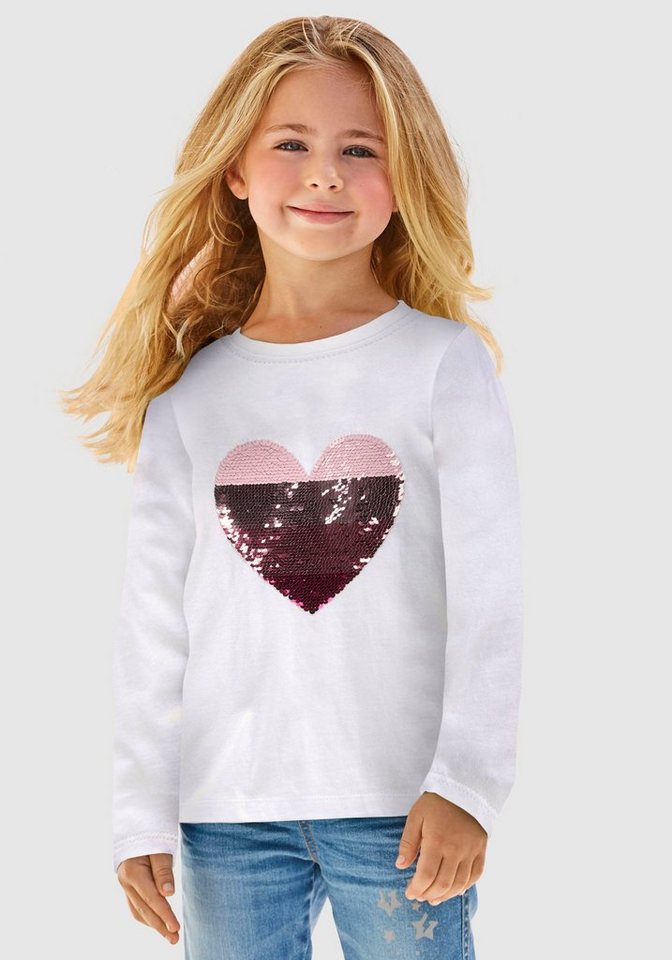 KIDSWORLD Langarmshirt für kleine Mädchen, mit Paillettenherz zum Wenden von KIDSWORLD