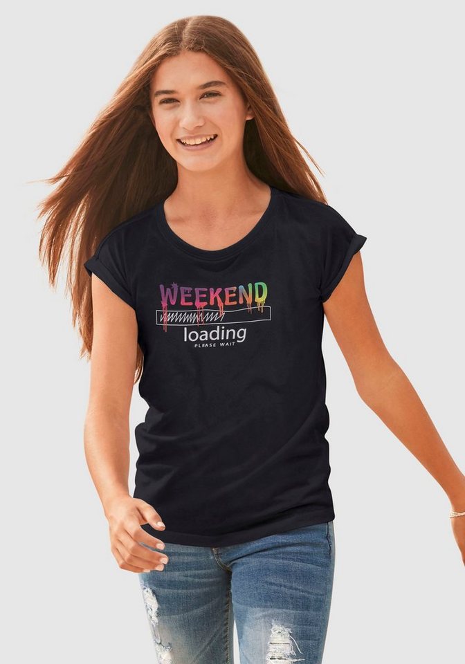 KIDSWORLD T-Shirt WEEKEND loading...please wait in weiter legerer Form, Regenbogen-Druckfarben sind unterschiedlich von KIDSWORLD