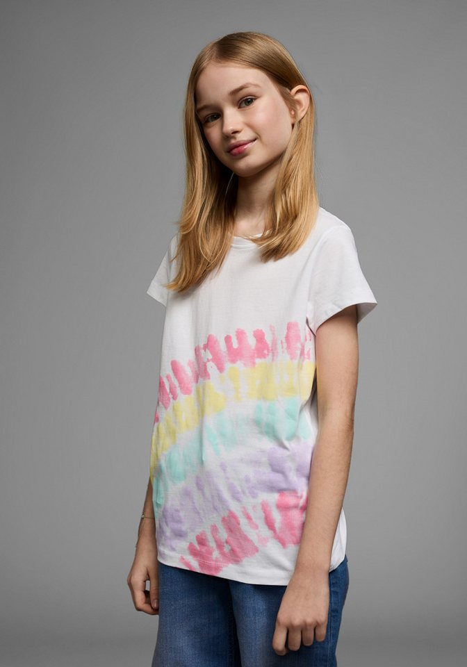 KIDSWORLD T-Shirt Mit Regenbogen-Print Kurzarm, hüftlang geschnitten, bedruckt, Rundhals-Ausschnitt von KIDSWORLD