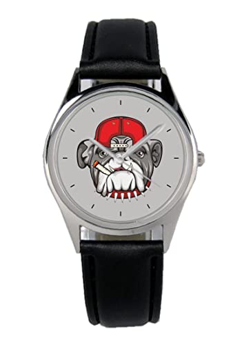 KIESENBERG Armbanduhr Bulldog Dog Hund Geschenk Artikel Idee Fan Damen Herren Unisex Analog Quartz Lederarmband Uhr 36mm Durchmesser B-5786 von KIESENBERG