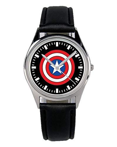 KIESENBERG Armbanduhr Captain America Geschenk Artikel Idee Fan Damen Herren Unisex Analog Quartz Lederarmband Uhr 36mm Durchmesser B-1663 von KIESENBERG