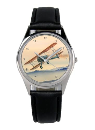 KIESENBERG Armbanduhr Doppeldecker Flugzeug Geschenk Artikel Idee Fan Damen Herren Unisex Analog Quartz Lederarmband Uhr 36mm Durchmesser B-20568 von KIESENBERG