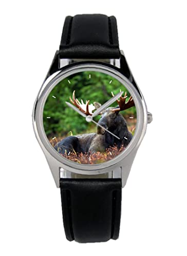 KIESENBERG Armbanduhr Elch Natur Geschenk Artikel Idee Fan Damen Herren Unisex Analog Quartz Lederarmband Uhr 36mm Durchmesser B-5775 von KIESENBERG