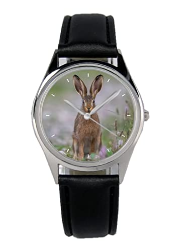 KIESENBERG Armbanduhr Feldhase Hase Natur Geschenk Artikel Idee Fan Damen Herren Unisex Analog Quartz Lederarmband Uhr 36mm Durchmesser B-5779 von KIESENBERG