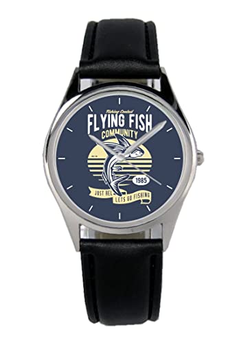 KIESENBERG Armbanduhr Fliegenfischen Angeln Geschenk Artikel Idee Fan Damen Herren Unisex Analog Quartz Lederarmband Uhr 36mm Durchmesser B-21273 von KIESENBERG