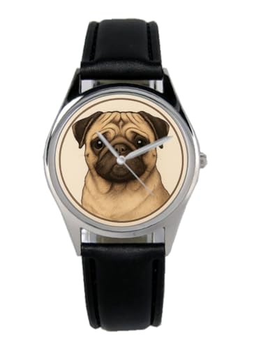 KIESENBERG Armbanduhr Mops Hund Geschenk Artikel Idee Fan Damen Herren Unisex Analog Quartz Lederarmband Uhr 36mm Durchmesser B-2025006 von KIESENBERG